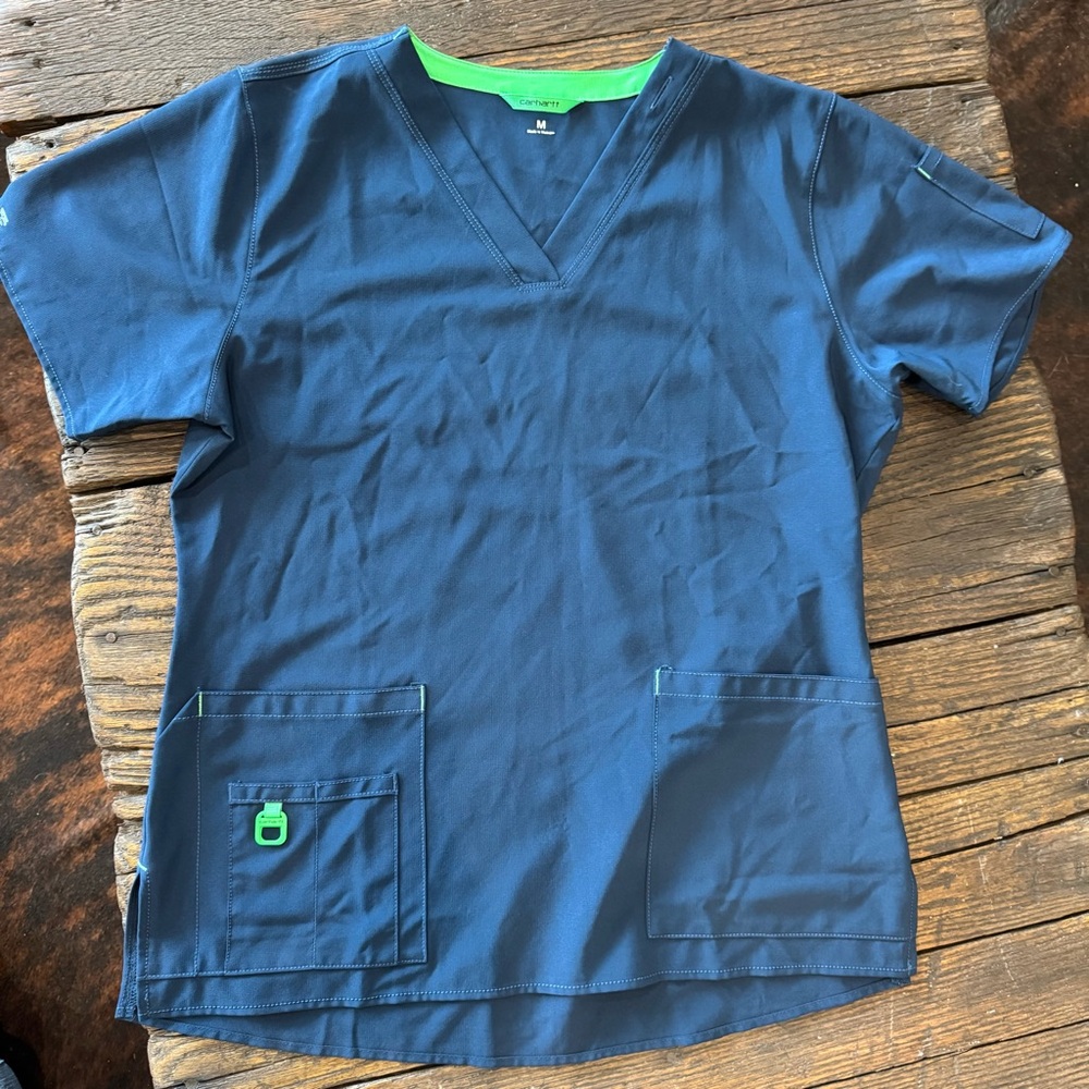 Carhartt Navy Blue & Green Scrub Top Shirt Size M Medium - Medical Nurse Doctor